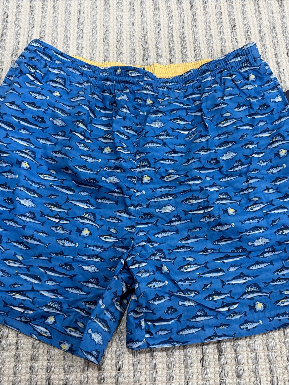 Nautica Blue Fish-Print Swim Trunks with Yellow Accent